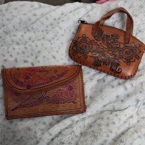 Handcrafted Floral Brown and Red Leather Clutch Set